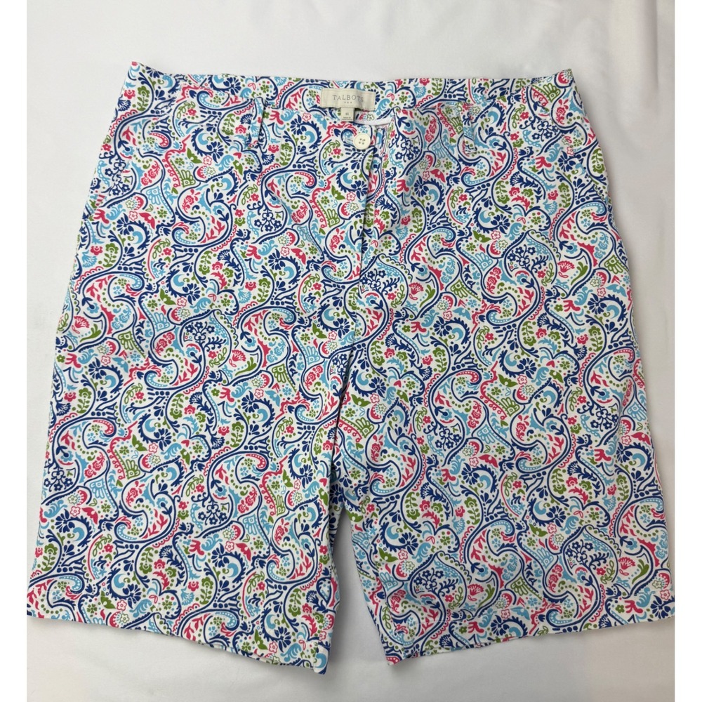 Talbots Womens Size 16 Paisley Chino Shorts Blue Pink Green Floral Cotton Blend